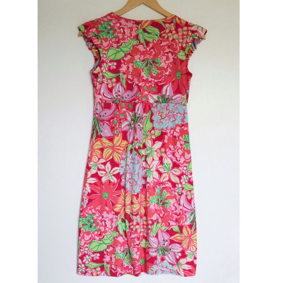 Lilly Pulitzer Pink Floral Fit and Flare Dress with Ruffle Cap Sleeve - Picture 2 of 8